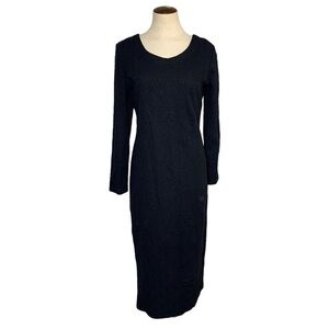 Vintage Black Maxi Dress Sz L Jersey Knit Cotton Blend Long Sleeves Round Neck